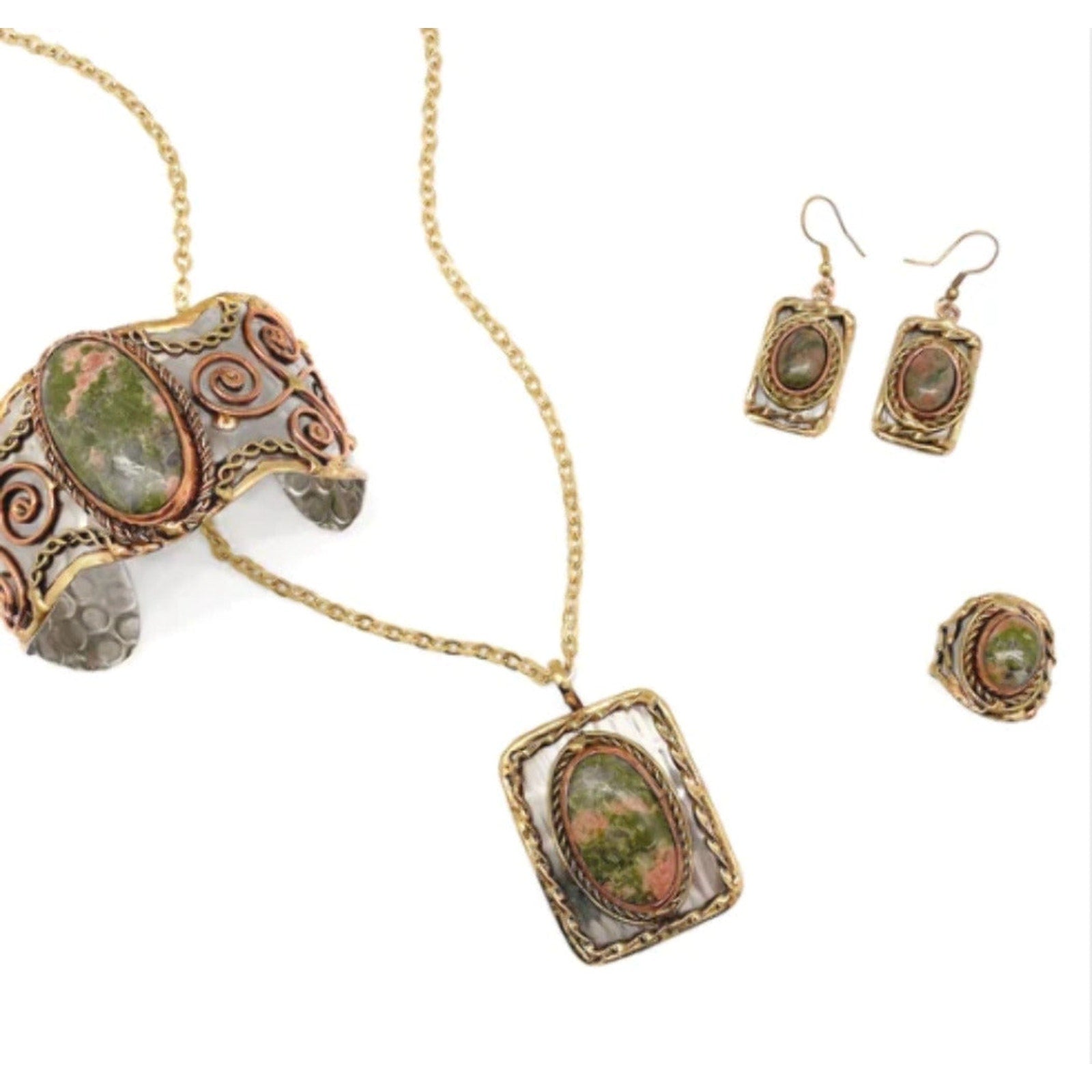 Mixed Metal and Unakite Stone Cuff Bracelet