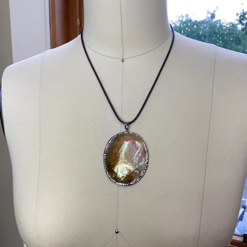 Abalone shell necklace with crystals on brown leather cord