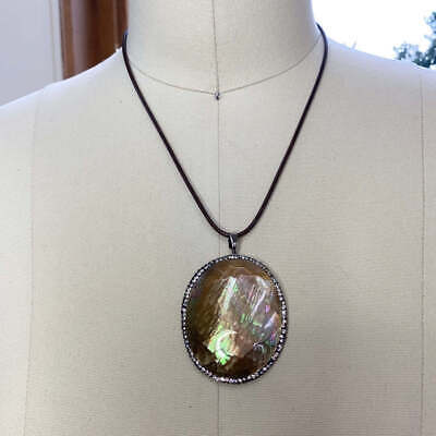 Abalone shell necklace with crystals on brown leather cord